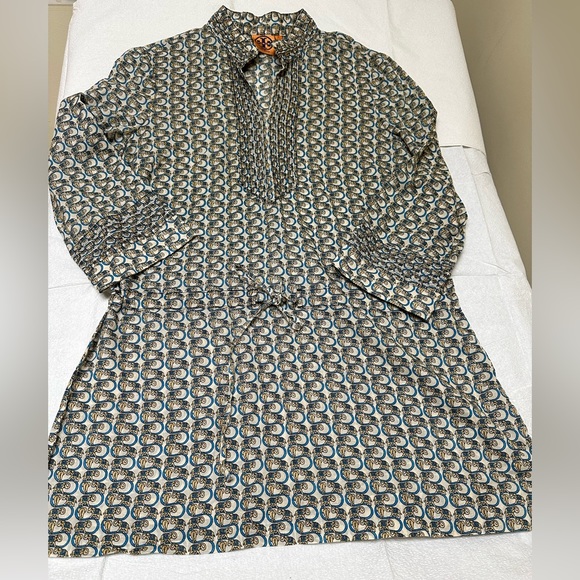 Tory Burch Tunic Dress Womens 8 Elephant Pintucked 3/4 Sleeve Drawstring Waist - Picture 3 of 9